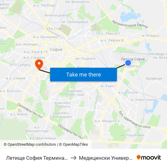 Летище София Терминал 1 / Sofia Airport Terminal 1 to Медицински Университет - София (Ректорат) map