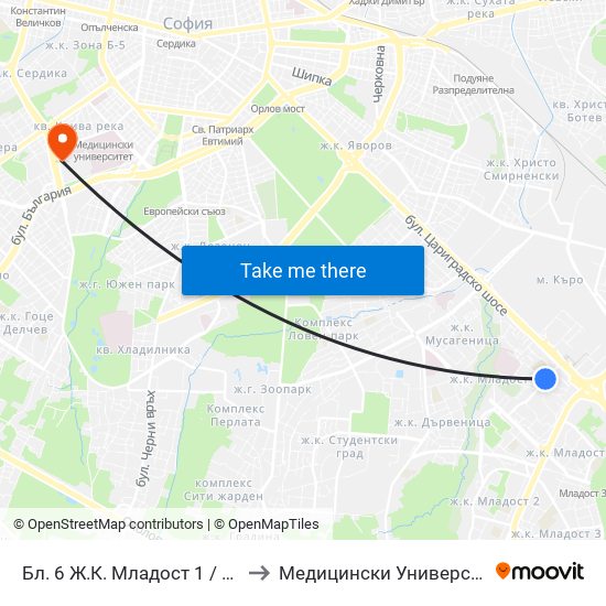 Бл. 6 Ж.К. Младост 1 / Bl. 6, Mladost 1 Qr. (0238) to Медицински Университет - София (Ректорат) map