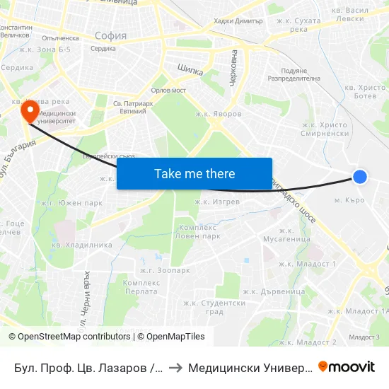 Бул. Проф. Цв. Лазаров / Prof. Tsv. Lazarov Blvd. (0370) to Медицински Университет - София (Ректорат) map