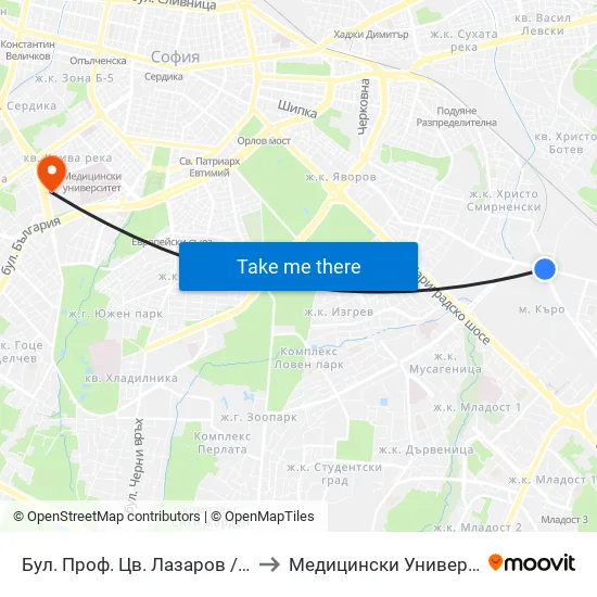 Бул. Проф. Цв. Лазаров / Prof. Tsv. Lazarov Blvd. (0371) to Медицински Университет - София (Ректорат) map