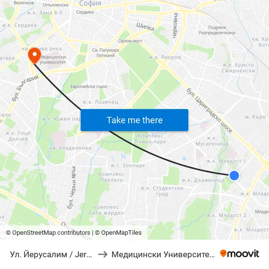 Ул. Йерусалим / Jerusalem St. (0447) to Медицински Университет - София (Ректорат) map