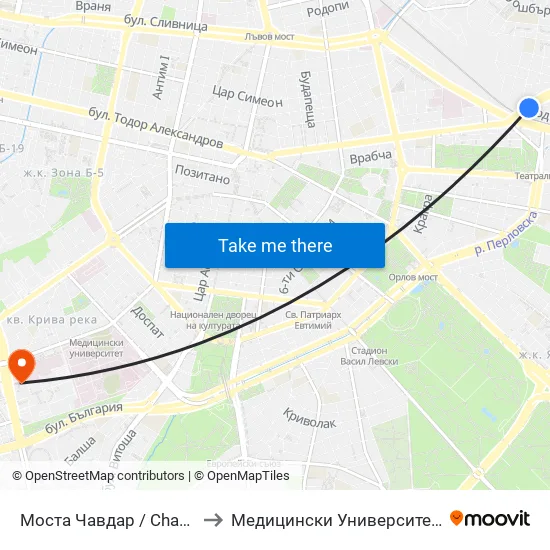 Моста Чавдар / Chavdar Bridge (1102) to Медицински Университет - София (Ректорат) map