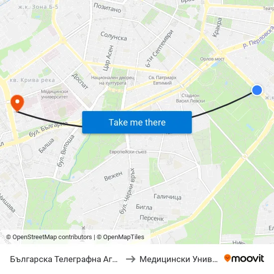 Българска Телеграфна Агенция / Bulgarian News Agency (1394) to Медицински Университет - София (Ректорат) map