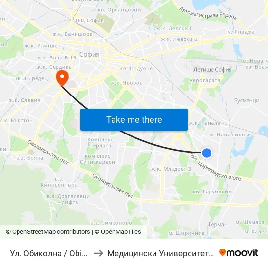 Ул. Обиколна / Obikolna St. (2069) to Медицински Университет - София (Ректорат) map