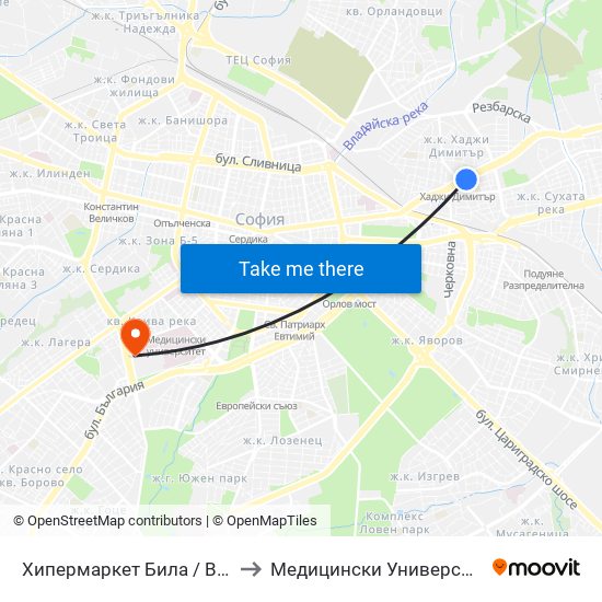 Хипермаркет Била / Billa Hypermarket (2107) to Медицински Университет - София (Ректорат) map