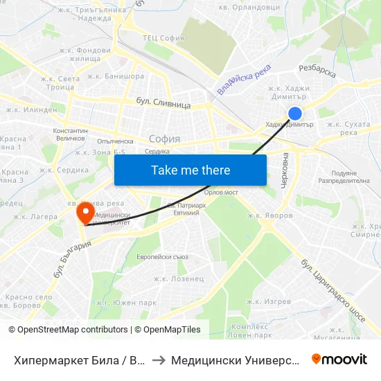 Ⓜ️ Метростанция Хаджи Димитър / Hadzhi Dimitar Metro Station (2107) to Медицински Университет - София (Ректорат) map