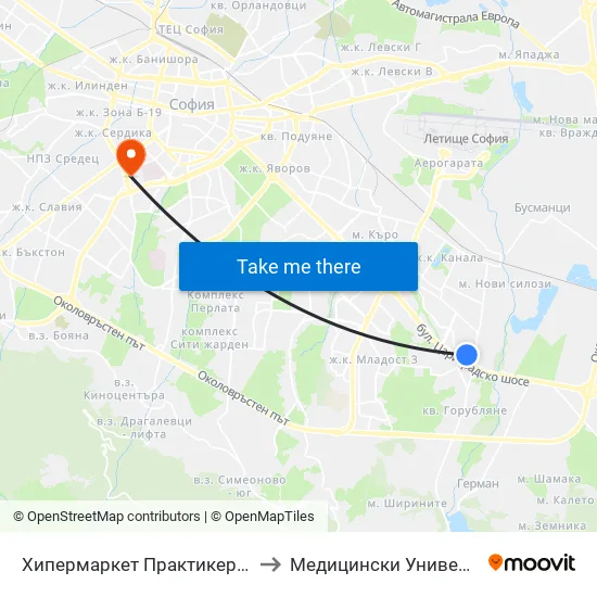 Хипермаркет Практикер / Praktiker Hypermarket (2409) to Медицински Университет - София (Ректорат) map