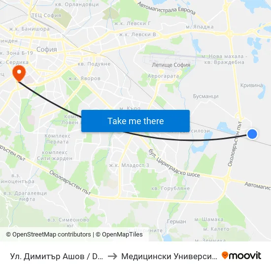 Ул. Димитър Ашов / Dimitar Ashov St. (2757) to Медицински Университет - София (Ректорат) map