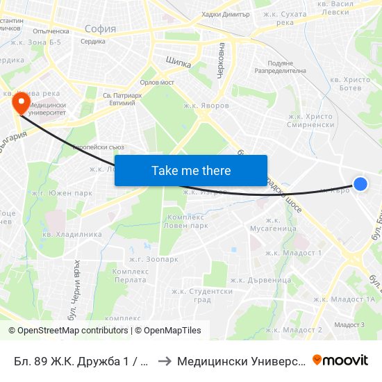 Бл. 89 Ж.К. Дружба 1 / Bl. 89, Druzhba 1 Qr. (0255) to Медицински Университет - София (Ректорат) map