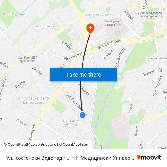 Ул. Костенски Водопад / Kostenski Vodopad St. (2010) to Медицински Университет - София (Ректорат) map