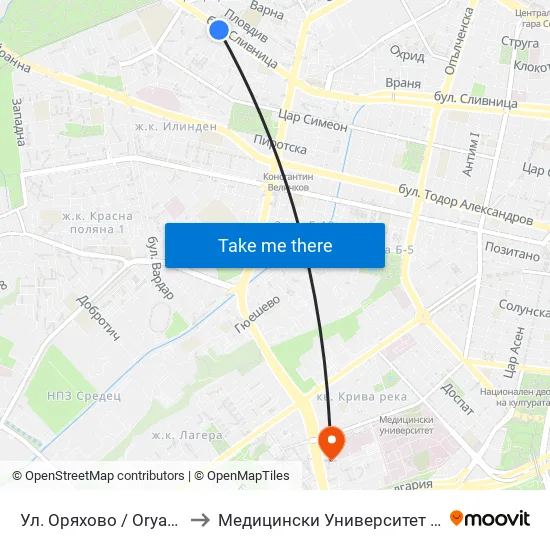 Ул. Оряхово / Oryahovo St. (2097) to Медицински Университет - София (Ректорат) map