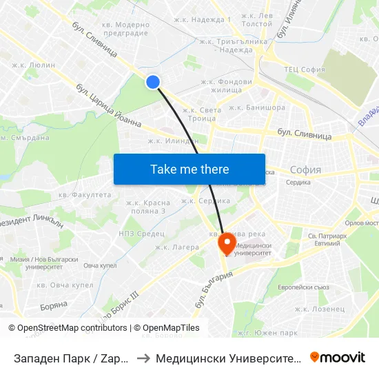 Западен Парк / Zapaden Park (1253) to Медицински Университет - София (Ректорат) map