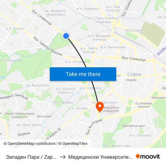 Западен Парк / Zapaden Park (1251) to Медицински Университет - София (Ректорат) map