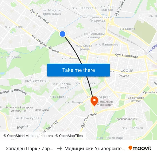 Западен Парк / Zapaden Park (1251) to Медицински Университет - София (Ректорат) map