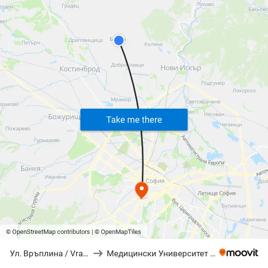 Ул. Връплина / Vraplina St. (2818) to Медицински Университет - София (Ректорат) map