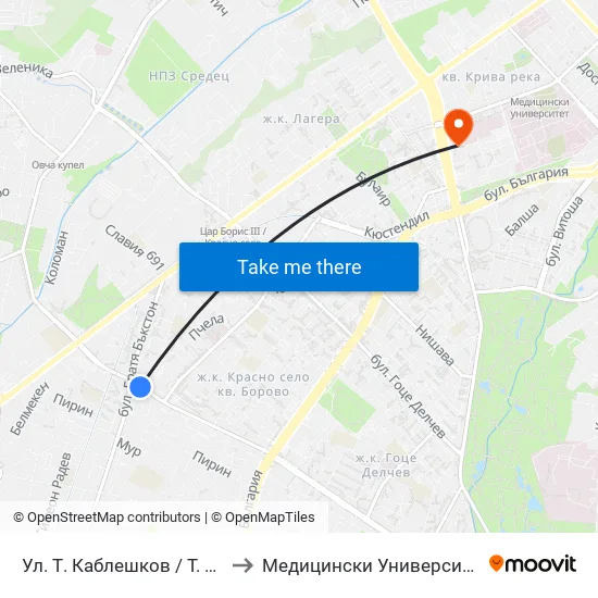 Ул. Т. Каблешков / T. Kableshkov St. (2210) to Медицински Университет - София (Ректорат) map