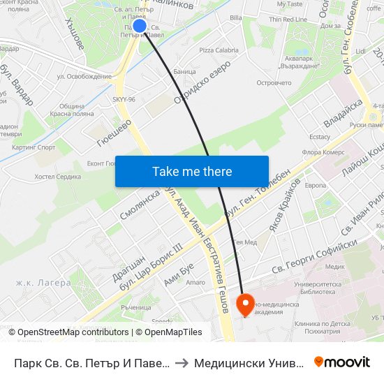 Парк Св. Св. Петър И Павел / Saints Peter And Paul Park (1248) to Медицински Университет - София (Ректорат) map