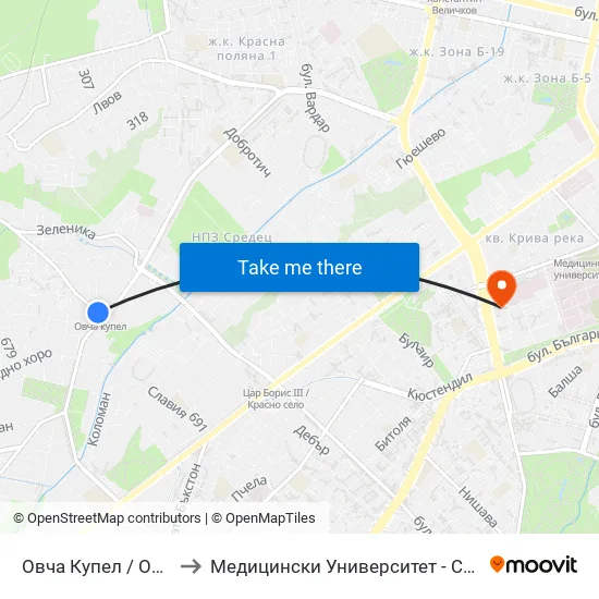 Овча Купел / Ovcha Kupel to Медицински Университет - София (Ректорат) map
