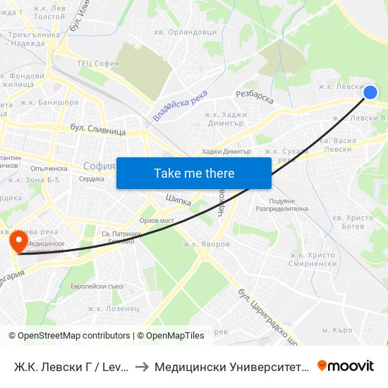 Ж.К. Левски Г / Levski G Qr (0646) to Медицински Университет - София (Ректорат) map