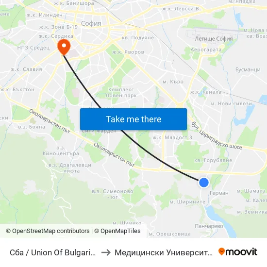 👋 Сба / Union Of Bulgarian Motorists (1504) to Медицински Университет - София (Ректорат) map