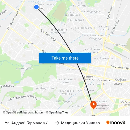 Ул. Андрей Германов / Andrey Germanov St. (2562) to Медицински Университет - София (Ректорат) map