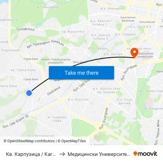 Кв. Карпузица / Karpuzitsa Qr. (6644) to Медицински Университет - София (Ректорат) map