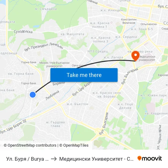 Ул. Буря / Burya St. (6621) to Медицински Университет - София (Ректорат) map