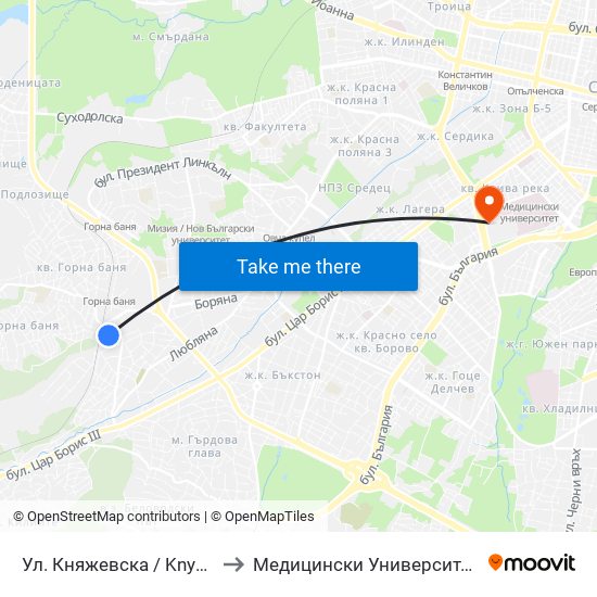 Ул. Княжевска / Knyazhevska St. (6623) to Медицински Университет - София (Ректорат) map