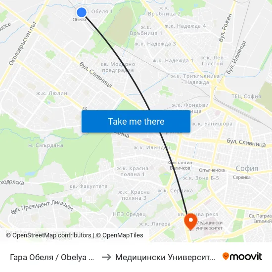 Гара Обеля / Obelya Train Station (6652) to Медицински Университет - София (Ректорат) map