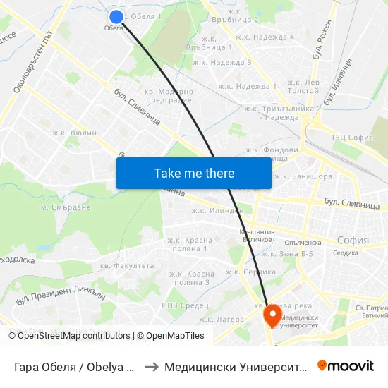 Гара Обеля / Obelya Train Station (6653) to Медицински Университет - София (Ректорат) map