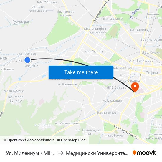 Ул. Милениум / Millenium St. (2842) to Медицински Университет - София (Ректорат) map