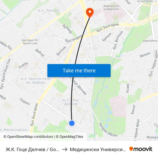 Ж.К. Гоце Делчев / Gotse Delchev Qr. (0599) to Медицински Университет - София (Ректорат) map