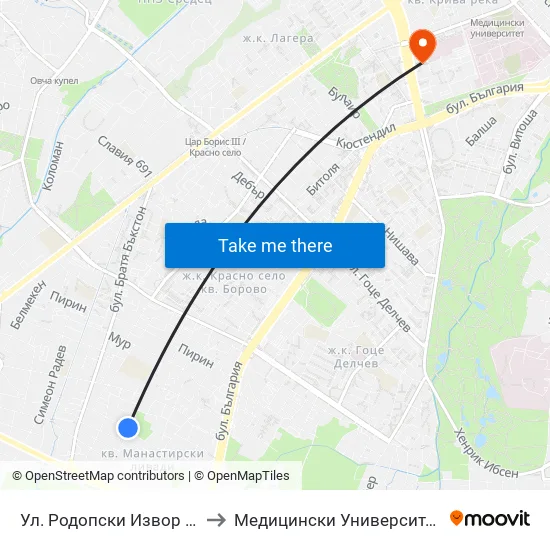 Ул. Родопски Извор / Rodopski Izvor St. to Медицински Университет - София (Ректорат) map