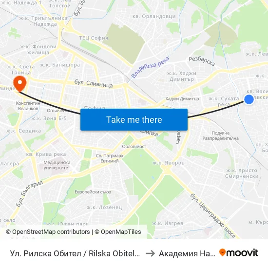 Ул. Рилска Обител / Rilska Obitel St. (2159) to Академия На Мвр map