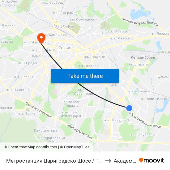 Метростанция Цариградско Шосе / Tsarigradsko Shosse Metro Station (1016) to Академия На Мвр map
