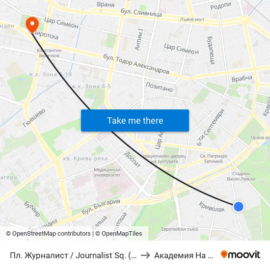 Пл. Журналист / Journalist Sq. (1273) to Академия На Мвр map