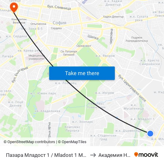 Пазара Младост 1 / Mladost 1 Market (0968) to Академия На Мвр map