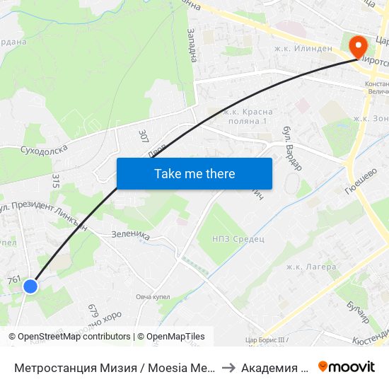 Метростанция Мизия / Moesia Metro Station (0361) to Академия На Мвр map