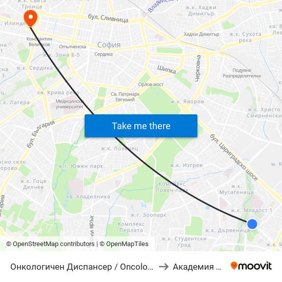 Онкологичен Диспансер / Oncology Clinic (0022) to Академия На Мвр map