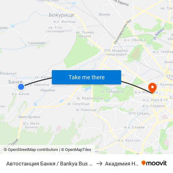 Автостанция Банкя / Bankya Bus Station (0050) to Академия На Мвр map