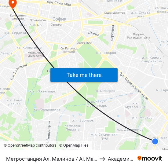 Метростанция Ал. Малинов / Al. Malinov Metro Station (0233) to Академия На Мвр map