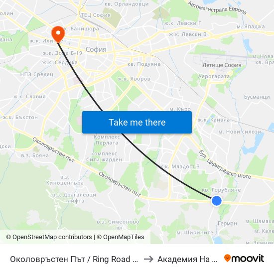 Околовръстен Път / Ring Road (1182) to Академия На Мвр map