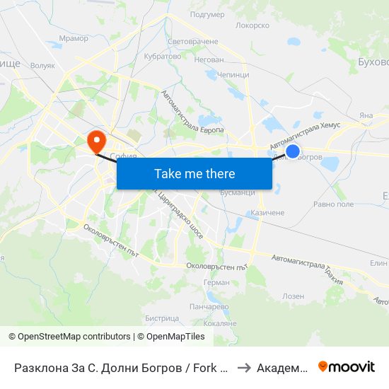 Разклона За С. Долни Богров / Fork Road To Dolni Bogrov Village (1212) to Академия На Мвр map