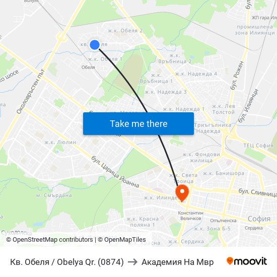 Кв. Обеля / Obelya Qr. (0874) to Академия На Мвр map