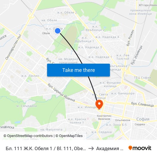 Бл. 111 Ж.К. Обеля 1 / Bl. 111, Obelya 1 Qr. (0132) to Академия На Мвр map