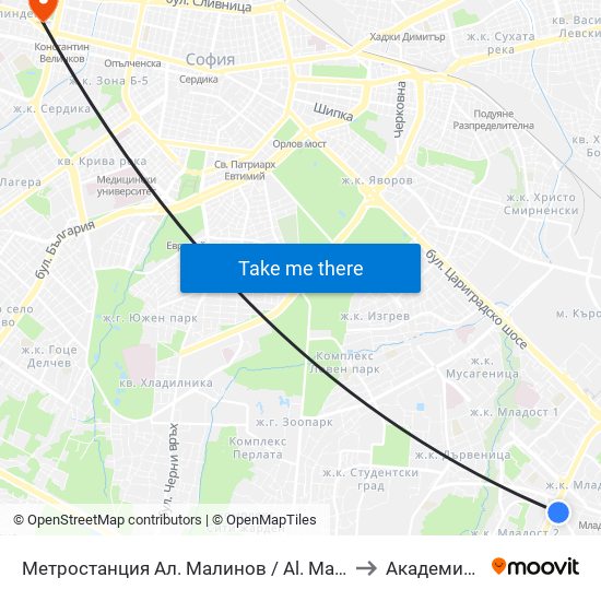 Метростанция Ал. Малинов / Al. Malinov Metro Station (2742) to Академия На Мвр map
