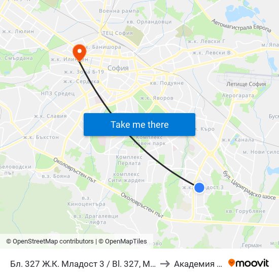 Бл. 327 Ж.К. Младост 3 / Bl. 327, Mladost 3 Qr. (0193) to Академия На Мвр map