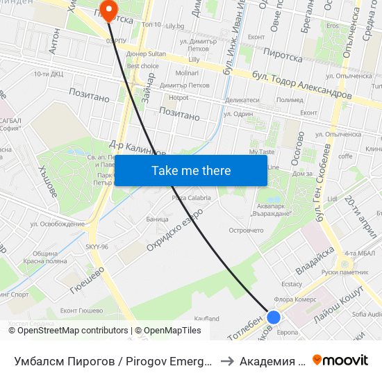 Умбалсм Пирогов / Pirogov Emergency Hospital (0759) to Академия На Мвр map