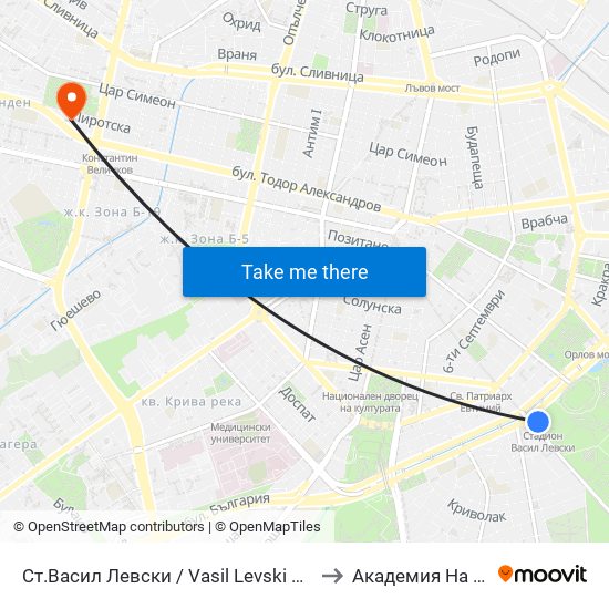 Ст.Васил Левски / Vasil Levski Stadium to Академия На Мвр map