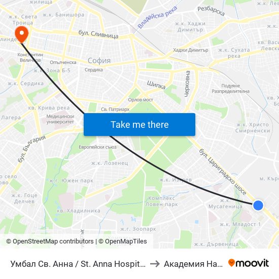 Умбал Св. Анна / St. Anna Hospital (1192) to Академия На Мвр map